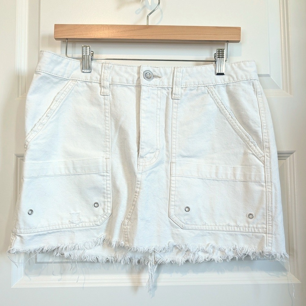 Free People Frayed Hem White Cotton Denim Mini Skirt